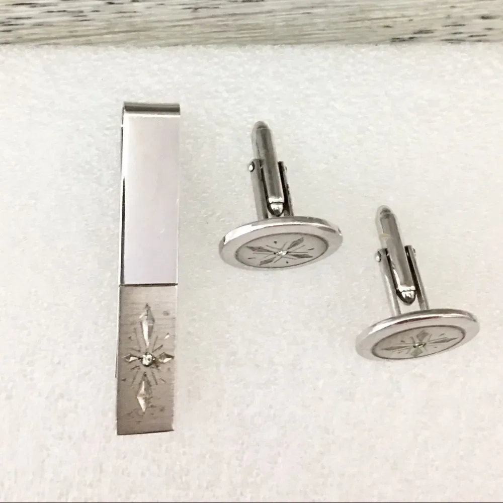 Vintage Kreisler 925 Sterling Silver Diamond Cufflinks Tie Bar Set 1206